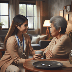 A healthcare professional with a stethoscope talks to and offers a mug to an elderly woman at a table in a cozy, well-lit living room.