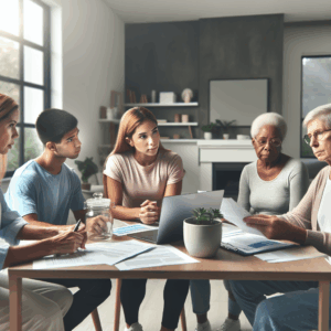 A group of five people of different ages sit around a table with documents and a laptop, having a serious discussion in a well-lit, modern living room.