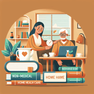 Illustration of a caregiver assisting an elderly man at home, with books labeled "Non-Medical," "Home Health Care," and "Resource Guide" in the foreground.