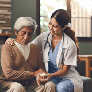 A doctor in a white coat and scrubs consoles an elderly patient by gently holding their hand in a warmly lit room.