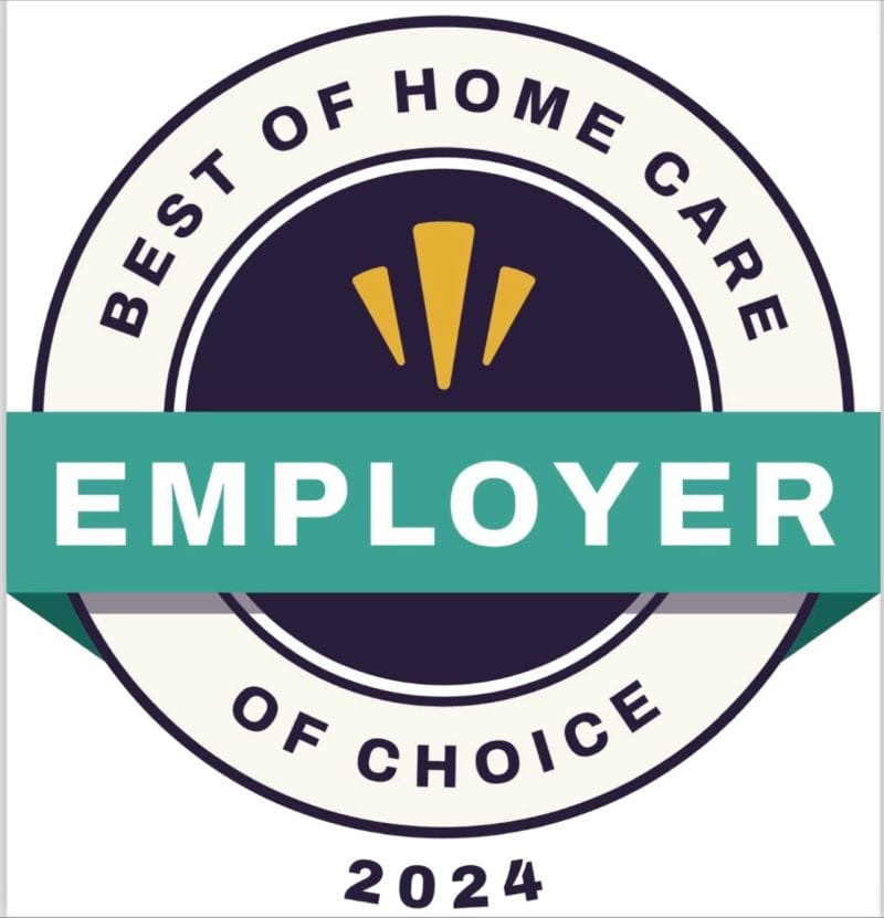 Circular badge displaying "Best of Home Care - Employer of Choice 2024" with a teal banner labeled "Employer" across the center, recognizing excellence in home care and trusted by families in Columbus.