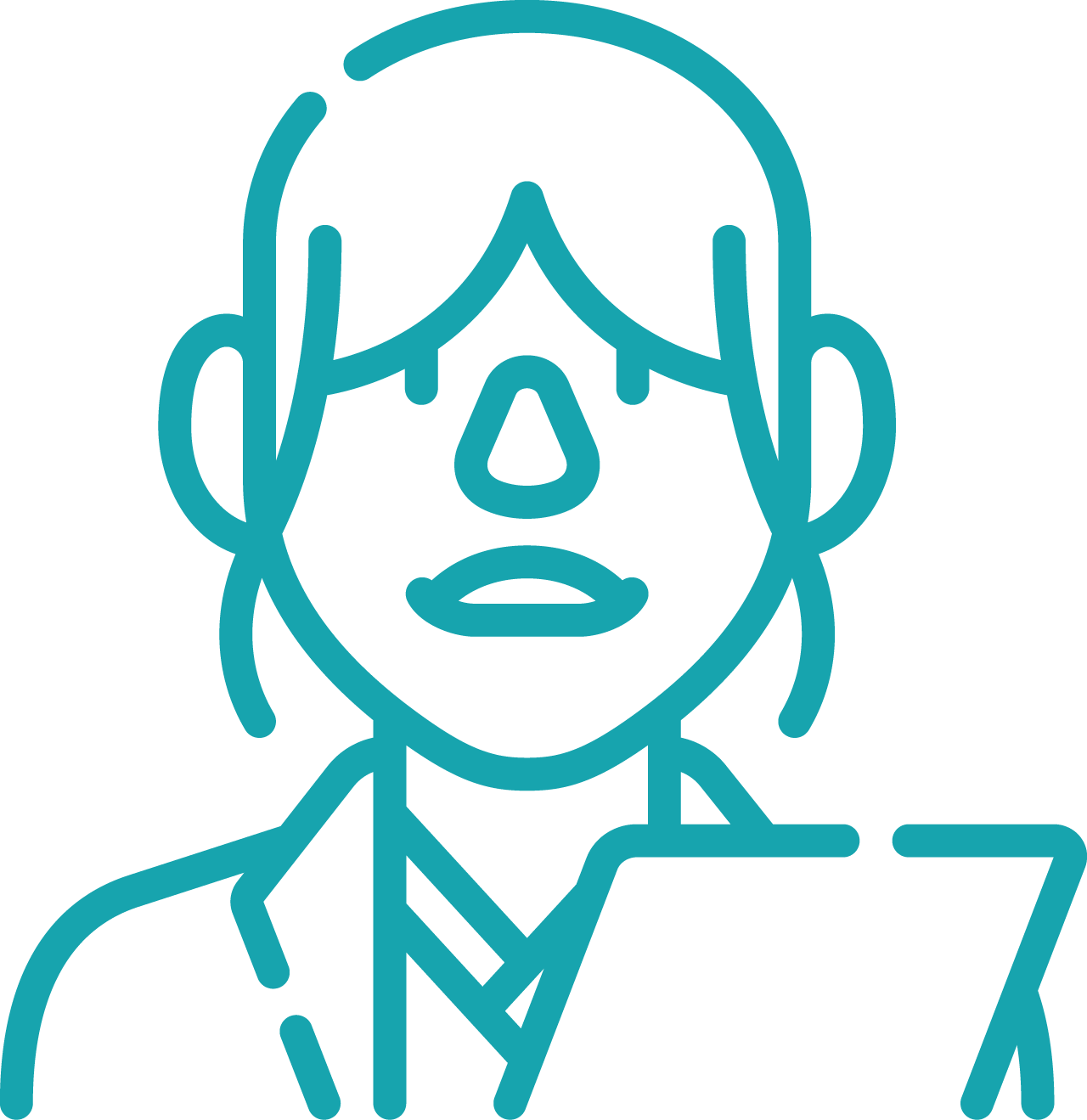 Line drawing of a person with long hair wearing a blazer, holding a piece of paper in front of them.