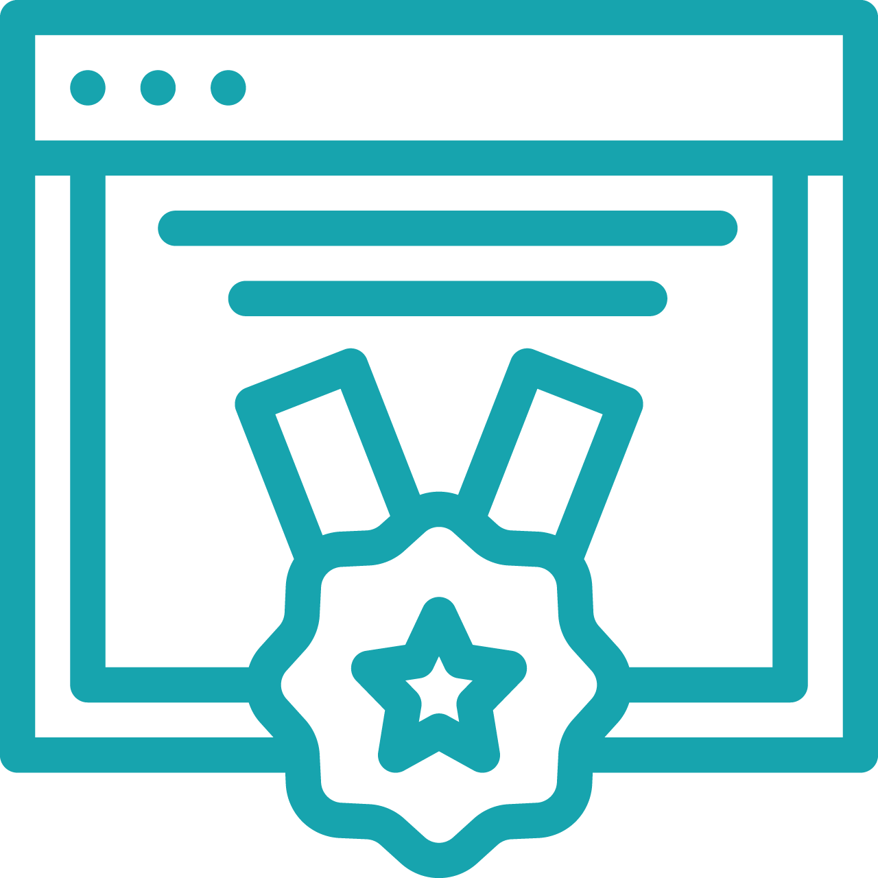 Outline of a computer window with a medal and a star in front, suggesting achievement or award in a digital or online context.