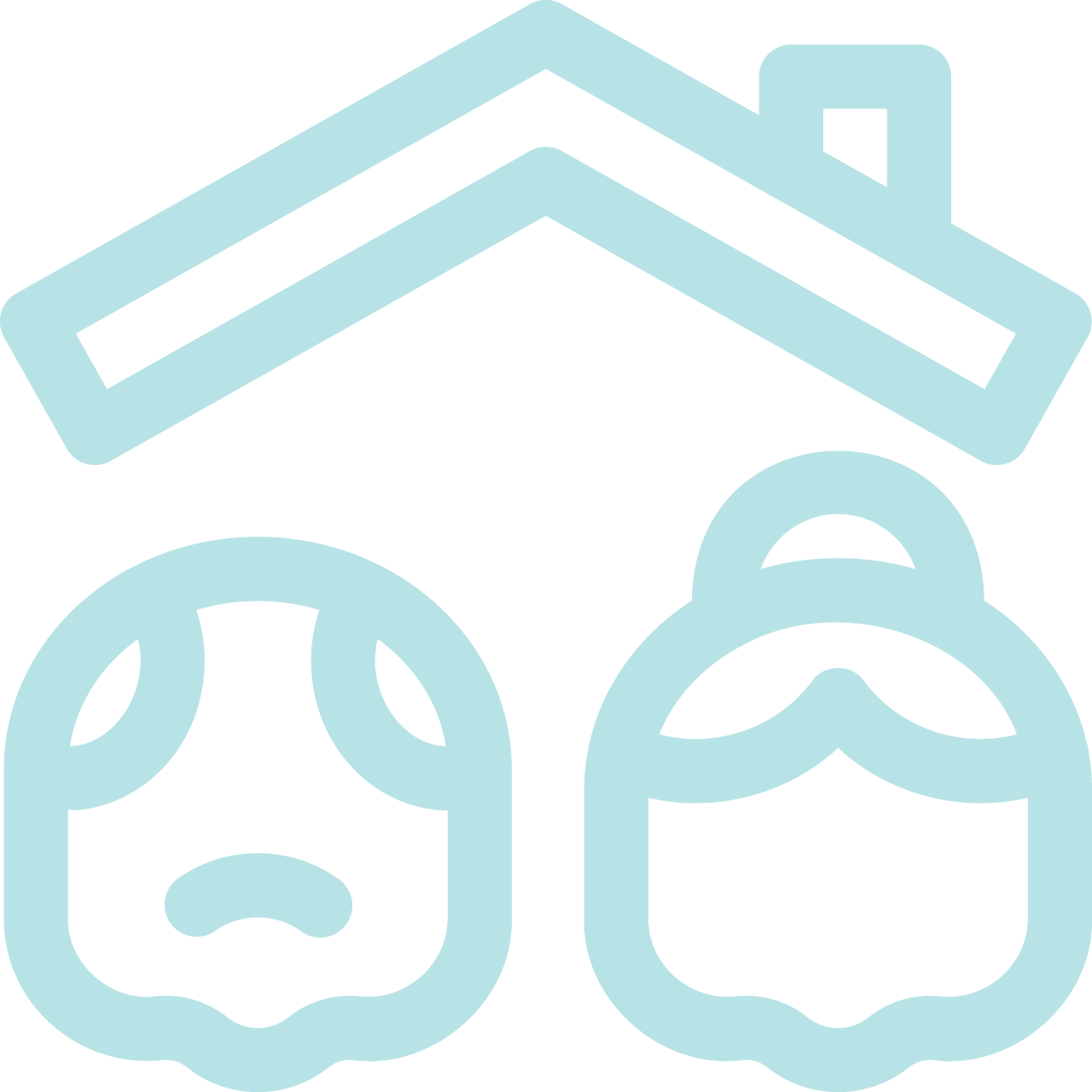 Light blue icon of two elderly people under a stylized house roof, representing senior citizens or elderly care at home.