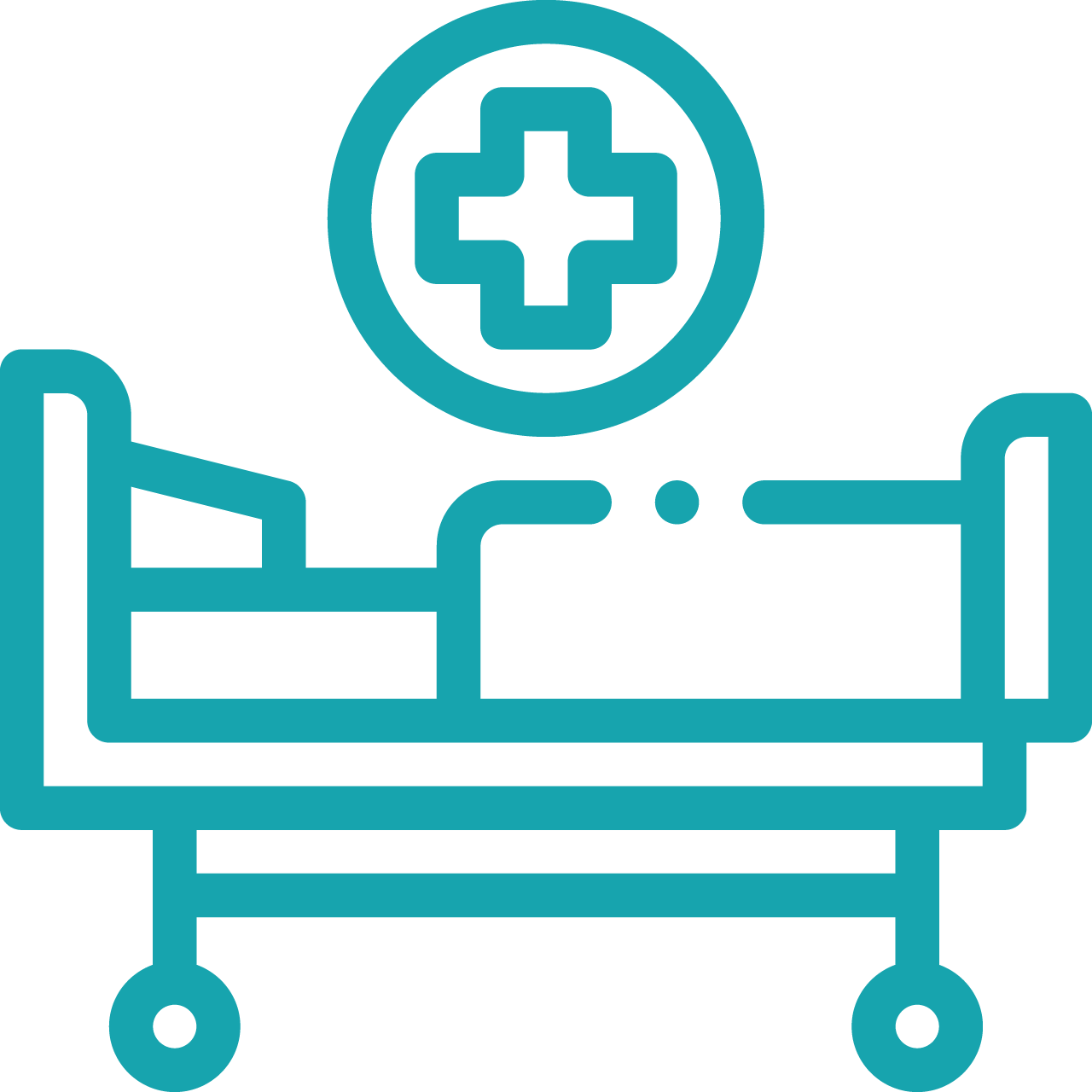 Blue line drawing of a hospital bed with a medical cross symbol above it, indicating a healthcare or hospital setting.