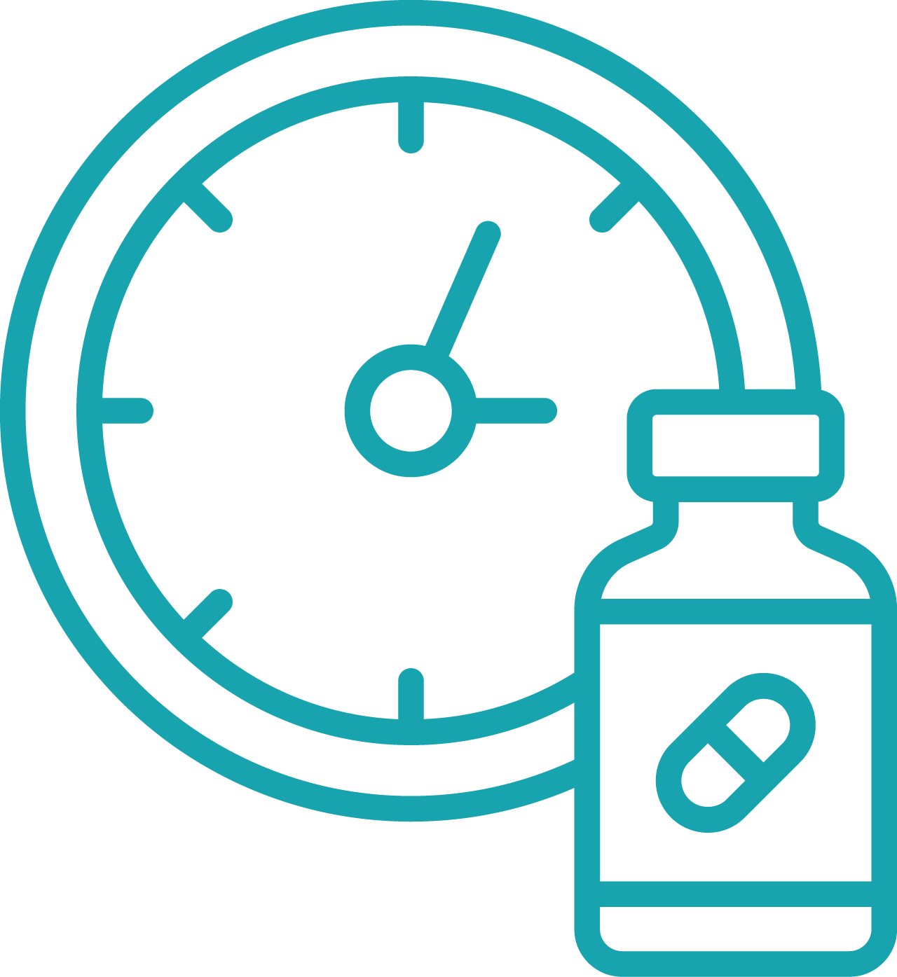 Outline illustration of a clock and a medicine bottle, suggesting a scheduled or timed medication dose.
