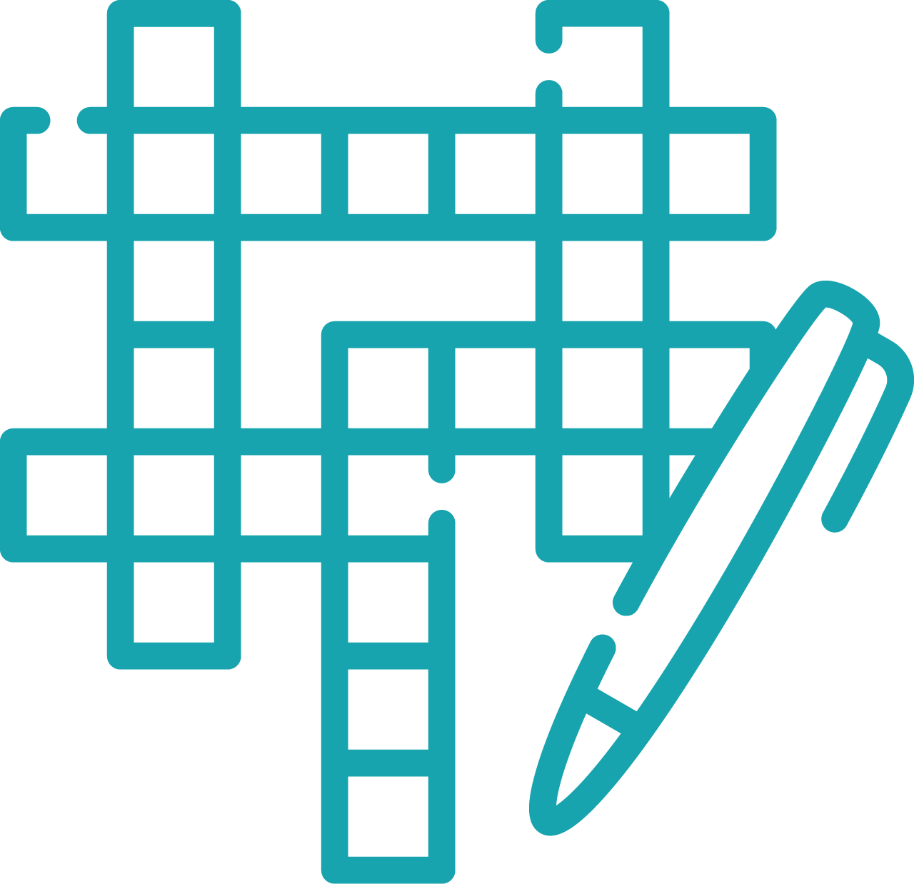 Blue outline drawing of a crossword puzzle grid with a pen positioned on the right side, suggesting completion or solving of the crossword.