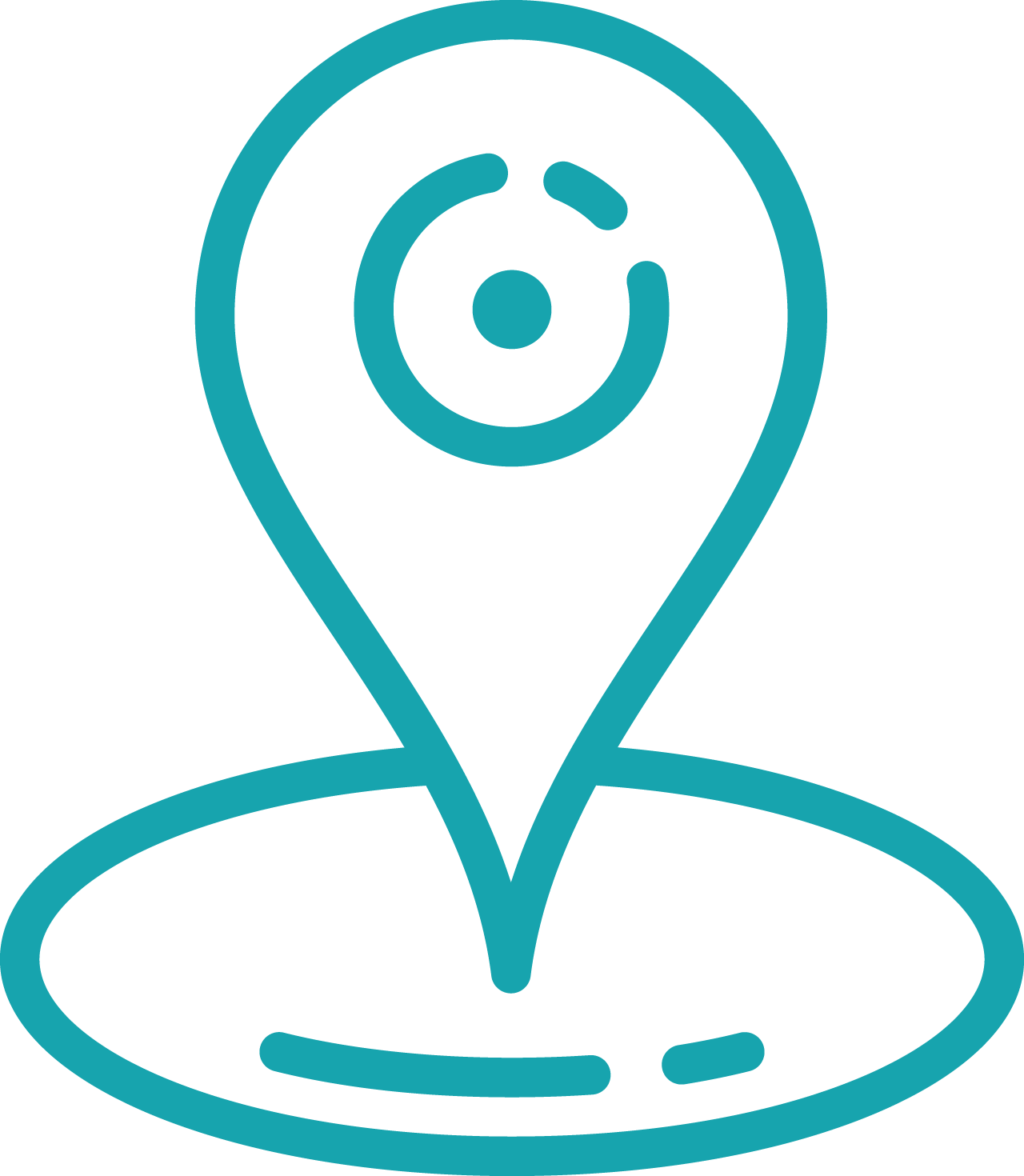 Teal map pin icon with a circular base and a target symbol inside the pin, representing a location or map marker.