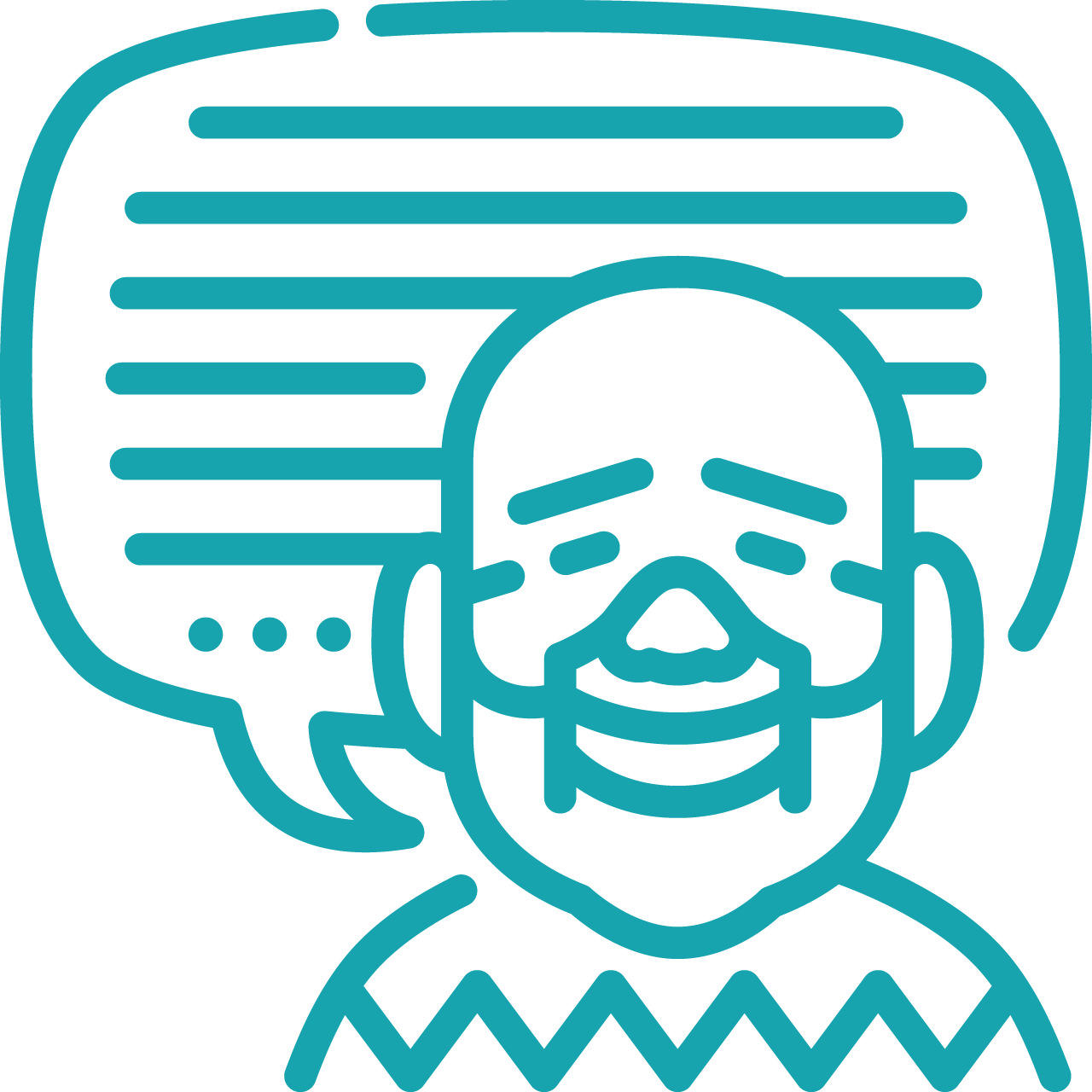 Line drawing of a person with clown makeup smiling while a speech bubble with horizontal lines appears behind them.