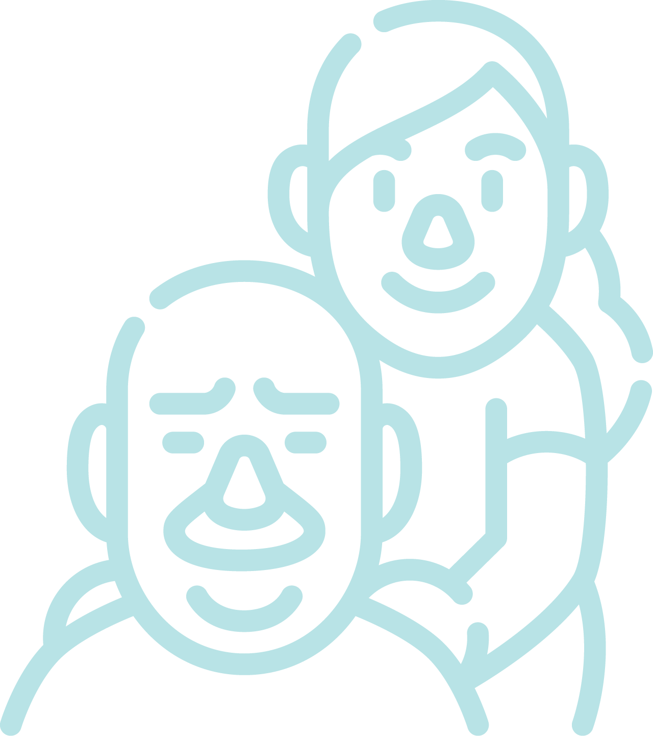 Line drawing of two people, one with longer hair standing behind and smiling, the other bald and sitting in front, both with simple, rounded facial features.