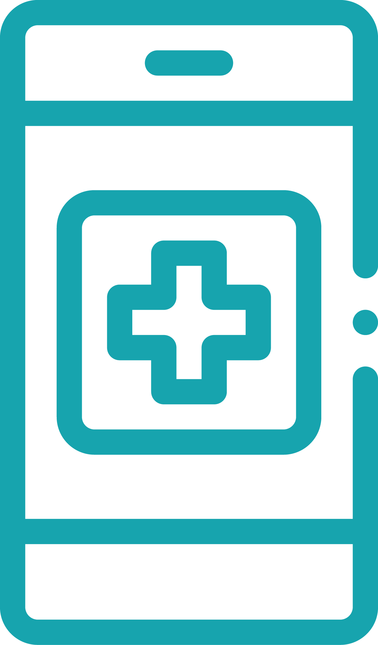 Turquoise line drawing of a smartphone with a medical cross symbol on the screen, suggesting a health or medical app.