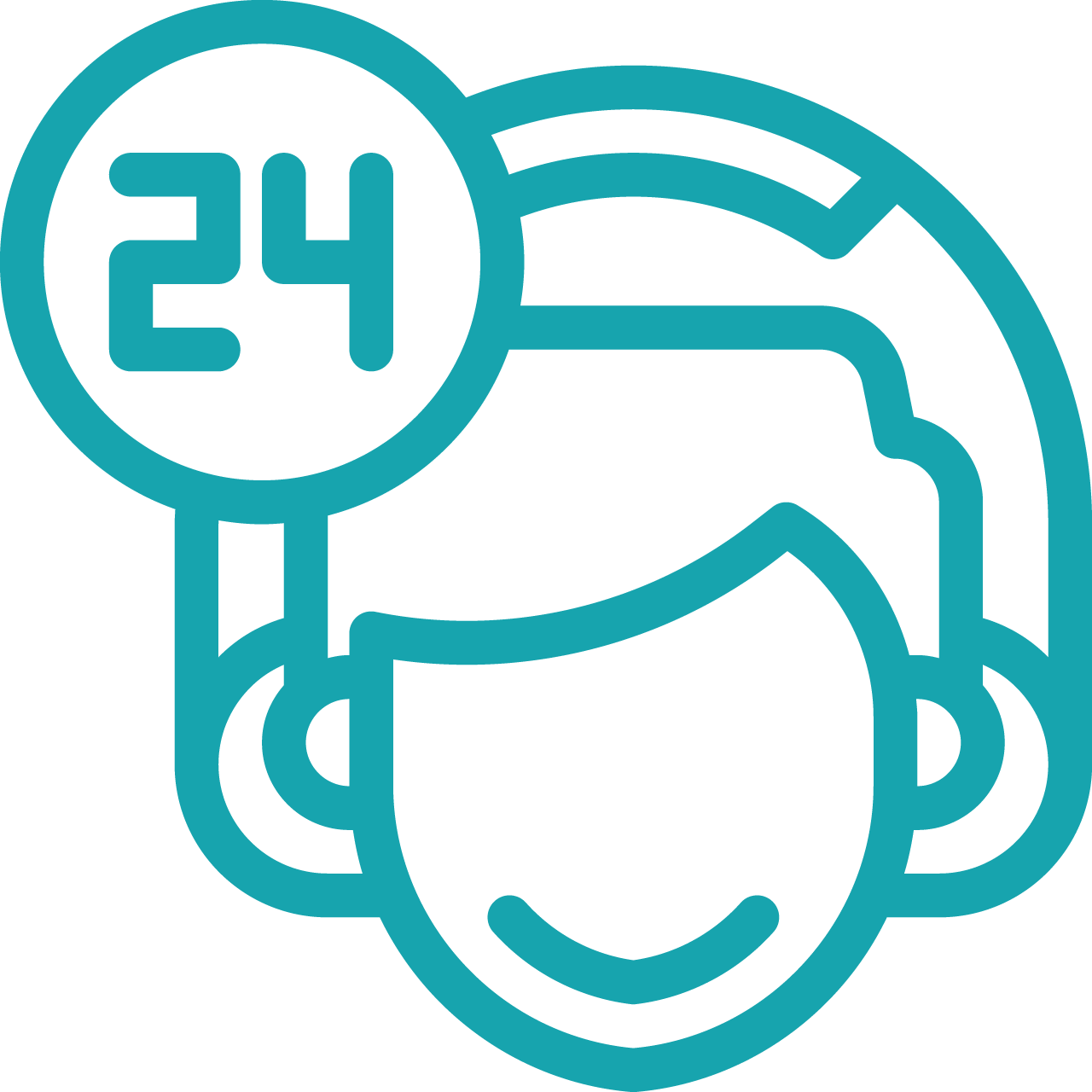 Blue icon of a smiling person with a circular badge displaying the number "24" in the top left corner, suggesting 24-hour customer support.