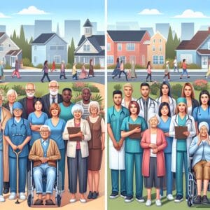 Two panels showing diverse groups of healthcare professionals and elderly patients standing outdoors in suburban neighborhoods, with people walking in the background.