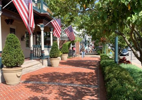 A brick walkway lined with american flags and potted plants.